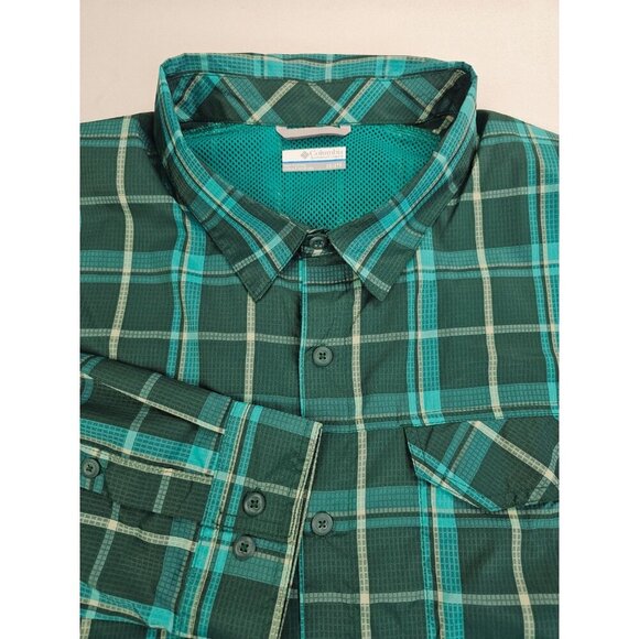 Colmbia Size 3X Mens Green Check Omni Shade Back Vent Logo Tag Polyester Shirt - Picture 5 of 12